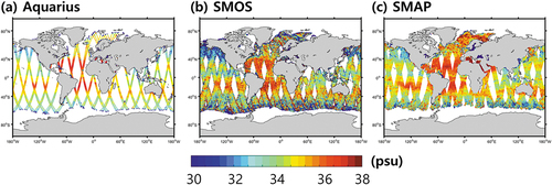 Figure 4. Daily coverages of three L-band radiometer missions on 31 May 2015: (a) Aquarius, (b) SMOS, and (c) SMAP.