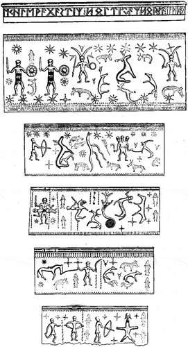 Figure 3. Drawings from the different sections of one of the Danish Gallehus Horns (AD 400–500). Looking at the top-most section, one can see two naked horned-figures wielding various weapons in their hands (one holding what seems to be a spear and an axe, while the other holds a spear and a sword). To the left of these figures are what seem to be bare-chested figures holding swords and shields. As the Gallehus horns have been interpreted to provides scenes from Norse myth, it could be possible that this represents an early portrayal of the weapon dance. Where naked Odin-like figures are leading human warriors in the ritual, much like Figure 2. (Rasmussen 2011)