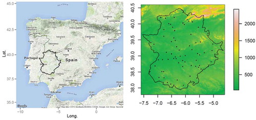 Figure 1. Location of the Extremadura region within the Iberian Peninsula (left). Topographic map of Extremadura together with the locations of the meteorological observatories used in this study (right). The scale is in m a.s.l.
