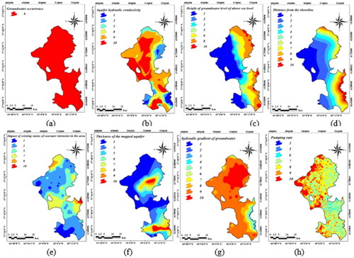 Figure 3. (a) Type of aquifer; (b) Hydraulic conductivity map; (c) Level difference map of underground water with sea level; (d) Distance map from the shoreline; (e) Developing map of seawater intrusion; (f) Aquifer thickness map; (g) Hydraulic gradient map, (h): Pumping rate map.