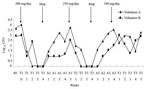 Figure 6. Effect of Anti-CA IgY on growth of C. albicans in saliva in volunteer study. B1 = Before treatment; T1 = First time treatment; A1 = Stop treatment after T1; T2 = Second time treatment; A2 = Stop treatment after T2; T3 = Third time treatment. Adapted with permission from Ibrahim et al.Citation36