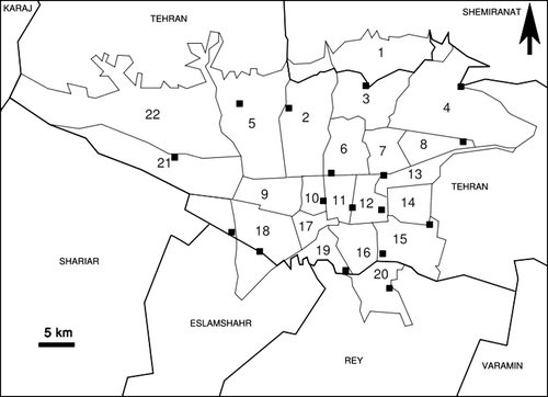 Figure 1.  Geographical distribution of affected canary flocks in Tehran (black squares). Numbers refer to regions of municipality of Tehran.