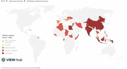 Figure 1. World map overview of the number ranges and locations of children without access to pneumococcal conjugate vaccines in 2019