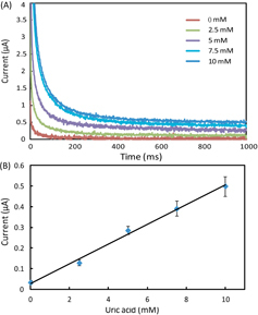 Figure 5. (A) Chronoamperometric curves and (B) the calibration plot for measurement of uric acid in AU. The solid line represents a linear fit to experimental data with regression equation: y = 0.048x + 0.029 (R2 = 0.994, n = 5).