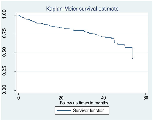 Figure 2 Kaplan–Meir curve of surviving on initial regimen for HIV-positive adults on initial HAART at Arba Minch General Hospital, January 2014 to December 2018 (n=508).