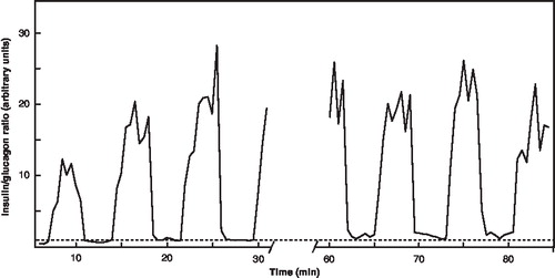 Figure 10.  Variations of the insulin/glucagon ratio during superfusion of 15 human islets with 20 mM glucose. Sampling was interrupted for 28.5 min in the middle of the experiment. The insulin/glucagon ratio is given in arbitrary units with the average of nadir values set to 1.0 (dotted line).