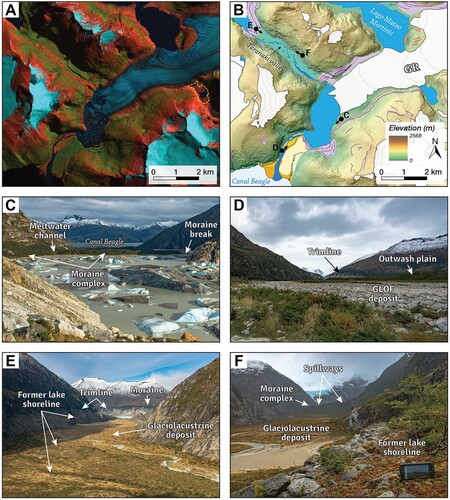 Figure 6. An example of a lowland land-terminating glacial landsystem in the CDI. (A) Satellite image (Sentinel-2 of February 20, 2022) from the area of Glaciar Roncagli/Alemania (GR), where a drained, ice-dammed glacial lake can be seen in the east of the image (in yellow dashed polygon). (B) Mapped glacial geomorphology of the same area as A; in this case, the glacial lake mentioned is completely mapped, as drainage and filling events have taken place in recent years, similar to the opposite Lago Mateo Martinic. The exact location of the photos taken in the field (2018) is also indicated. The legend is the same as in the Main Map. (C) Southwest view of the proglacial lake of GR and the moraine complex that dams it. A former meltwater channel and a more recent moraine break can be seen, along with Canal Beagle and Isla Gordon in the background. (D) Northeast view from the glacial lake outburst flood (GLOF) deposit, with the forested flat outwash plain on the right and the clear trimline of the GR in the background. (E) Southeast view of the Taranaki valley, a former ice-dammed lake, where the former glacial ice thickness can be inferred from the lateral moraine and trimlines in the background, along with various former lake shorelines and a large glaciolacustrine deposit marking the paleolake bed. (F) A close-up of one of the former low-slope lake shorelines to the northwest, and various spillways cutting through the moraine complex in the background, indicating former drainage routes (meltwater channels) of the moraine-dammed glacial lake behind.