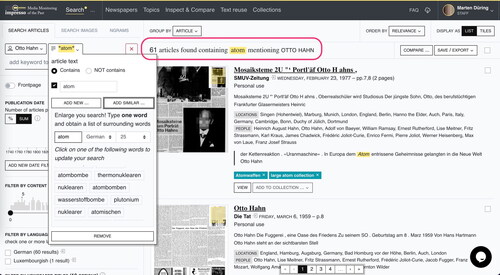 Figure 2. A Query for “atom” and the linked entity “Otto Hahn” with suggested keywords based on word embeddings (left), the human readable summary of the executed query (centre top, highlighted) and snippet previews of search results (centre).