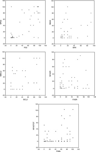 Figure 2.  The correlation of the tumour biologic factors between primary tumours and parallel lymph node metastases presented as scatter grams. x = percentage of positively staining cancer cells in the primary tumour, y = percentage of positively staining cancer cells in parallel lymph node metastasis.