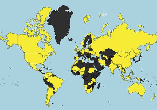 Figure A1. Worldwide map of the countries (colored yellow) where the respondents work. For countries colored black there were no respondents.