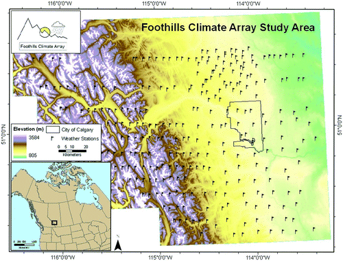 Fig. 1 Locations of the Foothills Climate Array (FCA) monitoring sites, 2004–10 and the geographic position of the FCA in southwestern Alberta, Canada (inset).