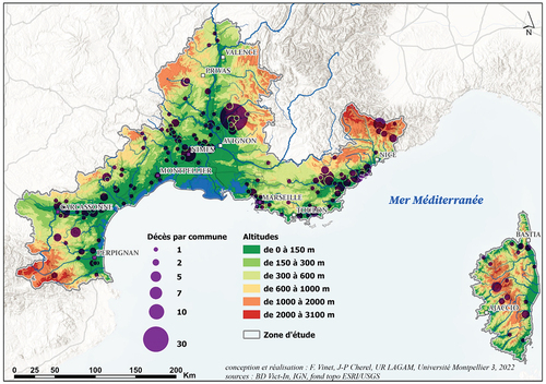 Figure 1. Répartition communale des décès liés aux inondations dans le sud-est de la France (1980–2020, n = 328).