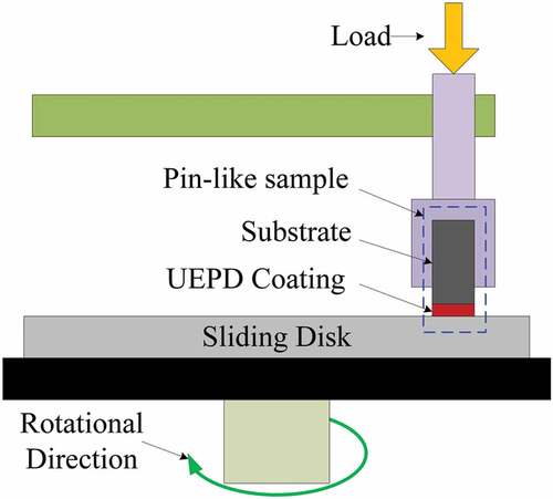 Figure 2. Schematic of the pin-on-disk friction and wear tester.