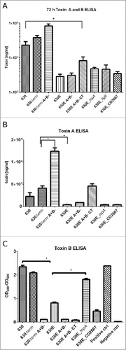Figure 4. Toxin ELISAs. A. The C. DIFFICILE TOX A/B II™ ELISA assay kit from TechLab was used to measure combined toxin A and B in strains 630, 630Δerm, 630Δerm A+B-, 630E, 630E A+B-, 630E A+B- CT, 630E_topA, 630E_flgB and 630E_CD2667 grown in TY for 72 h. B. and C. Toxin ELISAs TGCbiomics, measuring the toxins separately were used to quantify toxin A (B) and toxin B (C) produced by strains 630, 630Δerm, 630Δerm A+B-, 630E, 630E A+B- and 630E A+B- CT grown in TY for 72 h. Statistics were performed using one-way ANOVA with Fisher's LSD test.