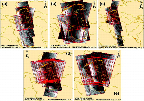 Figure 5. Extents of ENVISAT ASAR Wide Swath Medium Resolution images suitable for oil spill detection in (a) 2006; (b) 2007; (c) 2008; (d) 2009 and (e) 2010.