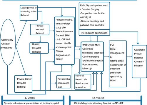 Figure 2 Cervical cancer patient’s pathway to diagnosis and treatment at Princess Marina Hospital.