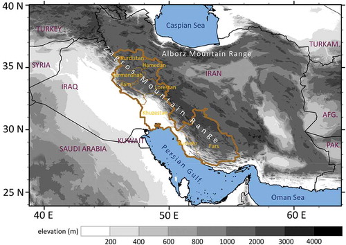 Figure 1. Topographic map of the Middle East (gray shaded). Western and southwestern Iran provinces are shown in yellow. The white text denotes mountains.