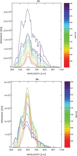 Fig. 9. Profiles in Alqueva-Montante on 10 July 2014: (a) underwater downwelling spectral irradiance measured with the new devices; (b) underwater downwelling spectral radiance with the device from Potes et al. (Citation2013). Profiles are given in digital numbers (DN); output values without calibration.
