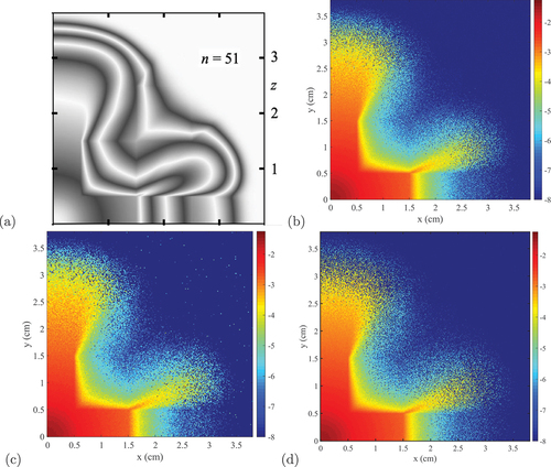 Fig. 5. (a) Contours of the logarithm of the radiation energy density at ct=3 using the P51 approximation. Figure (a) is taken from CitationRef. 32. The radiation energy density at ct=3 is shown in (b) for the IMC method, (c) for the ISMC method, and (d) for the DIMC method.