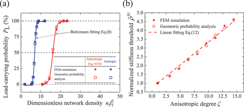 Figure 3. (a) Relations between the load-carrying probability and the network density and (b) normalized stiffness thresholds of networks with different anisotropic degrees (λf = 400).