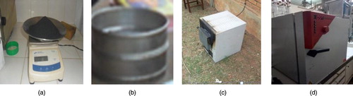 Figure 1. (a) Electric balance KM N°2401, (b) Normative sieve ISO 3310-1, (c) Furnace THERM-EURO, (d) Drying BINDER.