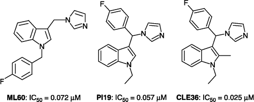Figure 2 Structures and aromatase inhibitory activities of compounds ML60, PI19 and CLE36.