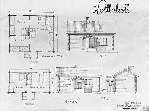 Figure 3. Standardized houses for the Skolt Saami, planned in 1947. Types 1 and 2 are the larger types, consisting of two to three rooms. Types 3 and 4 had just one room (photo courtesy of National Archives of Finland, Oulu . He:8, Kolttakoti).
