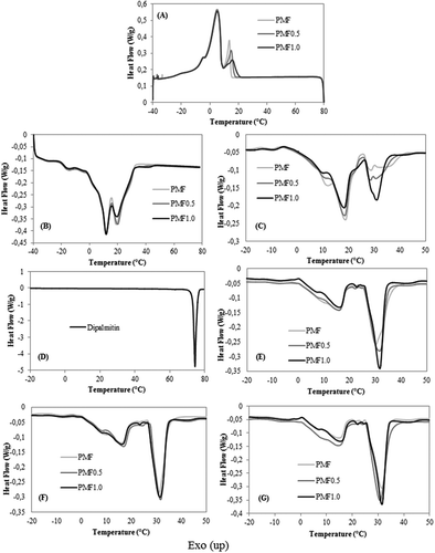 Figure 4. Thermal behavior of the PMF samples, PMF, PMF0.5, and PMF1.0; (A) crystallization curves; (B) melting curves on zero time; (C) melting curves after 1 day; (D) melting curve of pure dipalmitin; (E) melting curves after 7 days; (F) melting curves after 14 days; (G) melting curves after 21 days. See Fig. 1 for an explanation of abbreviations.