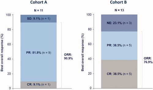 Figure 3. Best ORR in cohort A (tafasitamab plus idelalisib) and cohort B (tafasitamab plus venetoclax). CR: complete response; NE: not evaluable or missing; ORR: overall response rate; PR: partial response; SD: stable disease.