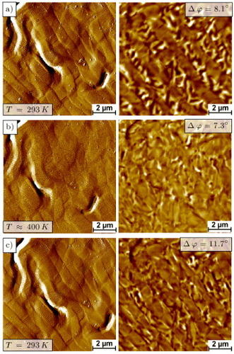 Figure 8. Amplitude error images of topography (left) and MFM phase contrast maps (right) of sample FS1 measured at room temperature and T ≈ 400 K as well as after cooling back down to room temperature. The given temperatures refer to the Peltier element.