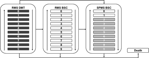 Figure 1. Model concept. Abbreviations. RMS, relapsing multiple sclerosis; BSC, best supportive care; SPMS, secondary progressive multiple sclerosis; white colour in RMS indicates patients on BSC; dark grey indicates RMS and light grey indicates SPMS health states; white colour in SPMS indicates no patients in these health states due to the nature of disease.