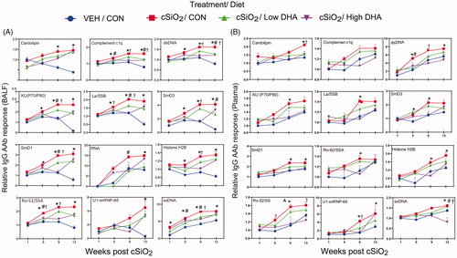 Figure 6. DHA supplementation dose dependently suppresses cSiO2 induction of selected lupus-related IgG AAbs in BALF (A) and plasma (B) over time. Ab-score data were obtained using the microarray panel for vehicle (VEH)- or cSiO2-exposed mice fed CON, DHA low, or DHA high diets. Relative AAb responses for selected AAgs were determined by dividing individual Ab-score by the mean Ab-score for VEH-treated mice fed control diet at 1 week PI. One-way ANOVA was used to compare experimental groups at selected time points followed by Tukey's HSD method as multiple comparison test. Data are mean ± SEM. Symbols indicate significant difference (p ≤ .05) as follows: * for cSiO2/CON vs. VEH/CON; # for cSiO2/CON vs. cSiO2/Low DHA; and † for cSiO2/CON vs cSiO2/High DHA.