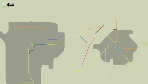 Figure 7. The landmark placement application interface for Route 1 type schematic. Only the landmarks recalled previously in the landmark recall test can be placed on the base map. For polygonal landmarks, the user first needed to drag and drop the landmark’s bounding box onto the desired position before seeing the polygon’s true shape