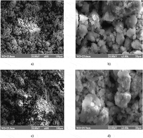 Figure 5. TEM images of ferrite sediments obtained by thermal (a, b) and ac-magnetic field activation (c, d).