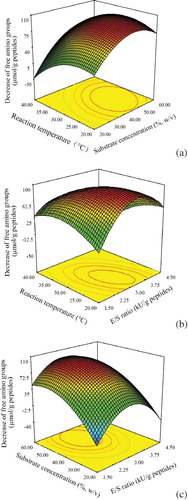 Figure 2 Response surface graphs for the decreased amount of free amino groups of the modified casein hydrolysate as a function of: (a) substrate concentrate and reaction temperature (E/S ratio at the central of its level), (b) E/S ratio and reaction temperature (substrate concentrate at the central of its level), and (c) substrate concentrate and E/S ratio (reaction temperature at the central of its level). (Color figure available online.)