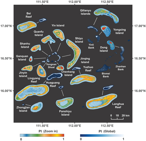 Figure 4. Probabilistic inundation map of the Xisha Islands (PI stands for probabilistic inundation value).