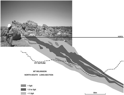 Figure 10. Ruler-shaped lode plunging down a mineral lineation, Mt Wilkinson (Matilda) on the ductile west side at Wiluna. The pencil lineation prominent in saprolite after chlorite–actinolite schist adjacent to the ore zone is repeated in the shape of the ore zone.