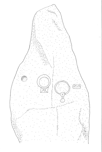 Figure 4. South face of Nether Corskie West showing cupmark and symbols (drawn by author from photographs and observations). Stone is 3.0 m high.