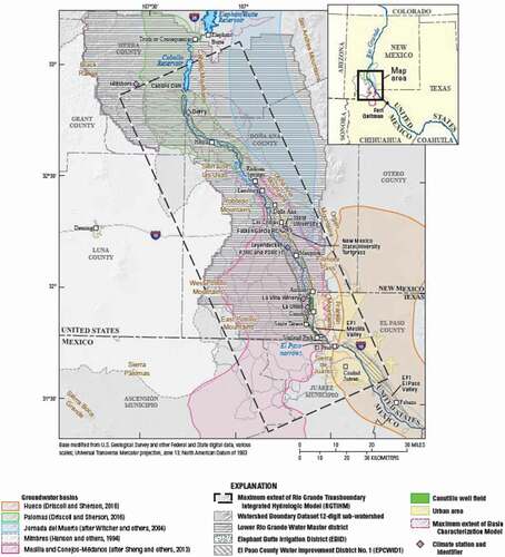 Figure 2. Areas modelled by the Rio Grande Transboundary Integrated Hydrologic model (RGTIHM) in the Transboundary Rio Grande River area of New Mexico, Texas and Mexico, along with an active hydrologic model grid, selected climate stations and rivers for specific areas showing the total extent of the model area, including watersheds and groundwater basins