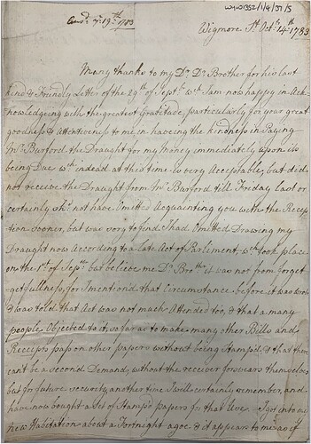 Figure 1. Letter from Charlotte Winn to Rowland Winn, 14th October 1783. West Yorkshire Archive Service, WYW1352/1/4/37/5.