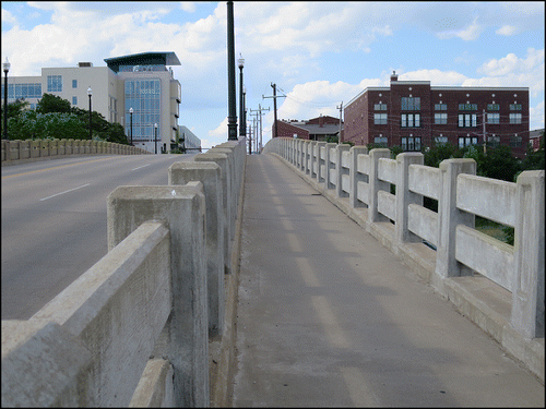 Figure 6. A view of Deep Deuce from the Finley Bridge. The Aloft Hotel is on the left and Deep Deuce Apartments are on the right. Photo by Alyson L. Greiner, 2017.