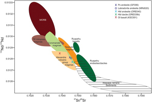 Figure 12. Radiogenic Sr and Nd isotopic compositions of representative Maungatautari and Kairangi lavas compared with Ruapehu andesites and basalts (Waight et al. Citation1999; Price et al. Citation2012), Coromandel Volcanic Zone (Huang et al. Citation2000), Mt Taranaki (Price et al. Citation1999), Alexandra Volcanics and Okete Volcanic Group (Briggs and McDonough Citation1990). Data for the regional basement terrane (Price et al. Citation2015) and MORB lavas (Ito et al. Citation1987) are also included for reference.