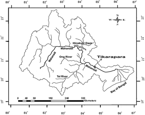 Figure 3. Location map of the Mahanadi basin showing main streams and Tikarapara gauge station.