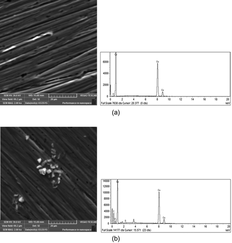 Figure 10. SEM and EDS analysis of (A) polished copper surface without any treatment and (B) copper surface after immersion of the electrode for 60 min in 1 · 10−2 M AETDA solution.