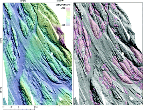 Figure 5. Examples of asymmetric whalebacks on the mid-shelf (the polygons have been filled with a red colour to further pick out the features). Note, how these features have been crudely streamlined. The left-hand panel is the relief-shaded image and the right-hand panel shows the mapped landforms (colours are the same as in the main map). The relief-shaded image is x20 exaggeration and is shaded from the NE.