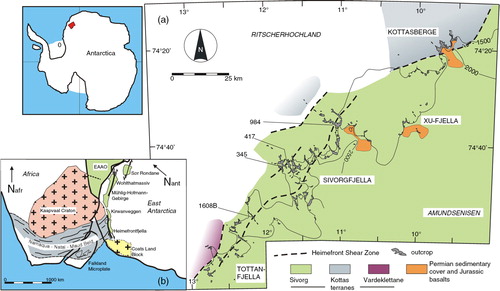 Fig. 1  (a) Geological overview of the Heimefrontfjella and (b) its position in a Gondwana reconstruction (after Jacobs & Thomas Citation1994).