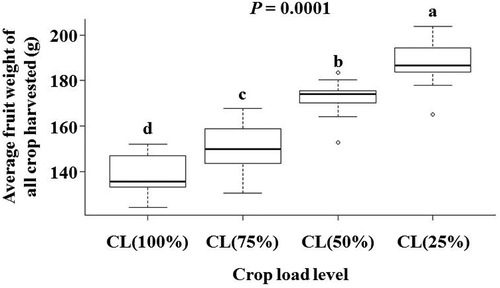 Figure 11. Box plot representations of four different crop load levels on average fruit weight of all crop harvested of ‘JoyaTM’ apple in 2014 (n = 12). The horizontal middle line in boxes, and limits of each box plot, denotes the median value and limits of inter-quartile intervals, respectively. The whiskers below and above the boxes denote the minimum and maximum value, respectively. Different letters indicate significant differences at P < .05