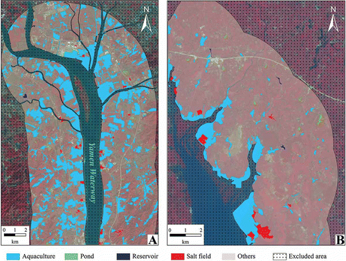 Figure 4. CBR classification results of the two test areas: (A) Jiangmen and (B) Shatian.