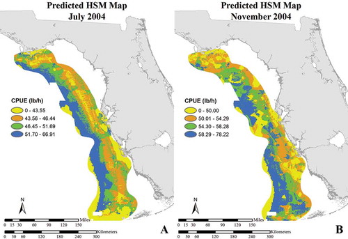 FIGURE 11. Habitat suitability modeling maps for pink shrimp for (A) July 2004 and (B) November 2004.