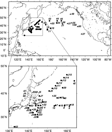 Figure 1 Simulation area and locations of the sampling stations used for verification and refinement of the source term of atmospheric release from the Fukushima Dai-ichi Nuclear Power Plant (FNPP1). Circles (triangles) on the map indicate calculations within (without) a factor of 10 of the measurements in Figure 3. Crosses on the map indicate that 134Cs released directly into the ocean from the FNPP1 may have an influence on the 134Cs concentration in surface water, as indicated by a preliminary modeling study. Numbers with the prefix “J” indicate the sampling points reported by Honda et al. [Citation22], and those without the prefix “J” indicate the sampling points reported by the Meteorological Research Institute [Citation23]